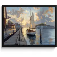 PosterMonkey Poster in lijst - Fotolijst 80x60 cm - Posters - Zeilboot - Zon - Pier - Hout - Posterlijst zwart - Decoratie - Wanddecoratie woonkamer - Muurdecoratie slaapkamer