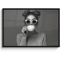 PosterMonkey Poster in lijst - Fotolijst 120x80 cm - Posters - Vrouw - Koffie - Zwart - Wit - Posterlijst zwart - Decoratie - Wanddecoratie woonkamer - Muurdecoratie slaapkamer