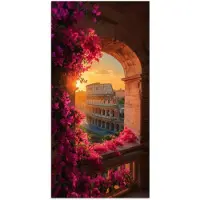 PosterMonkey Poster 20x40 cm - Colosseum - Rome - Roze Bloemen - Posters - Kamer decoratie - Wanddecoratie woonkamer - Muurdecoratie slaapkamer