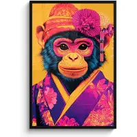 PosterMonkey Poster in lijst - Fotolijst 80x120 cm - Posters - Aap - Kimono - Bloemen - Hoofdtooi - Posterlijst zwart - Decoratie - Wanddecoratie woonkamer - Muurdecoratie slaapkamer
