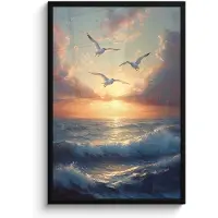 PosterMonkey Poster in lijst - Fotolijst 60x90 cm - Posters - Meeuwen - Zonsondergang - Zee - Wolken - Posterlijst zwart - Decoratie - Wanddecoratie woonkamer - Muurdecoratie slaapkamer