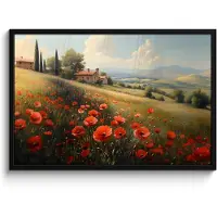 PosterMonkey Poster in lijst - Fotolijst 90x60 cm - Posters - Klaprozen - Rood - Heuvels - Landschap - Posterlijst zwart - Decoratie - Wanddecoratie woonkamer - Muurdecoratie slaapkamer