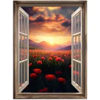 PosterMonkey Poster 90x120 cm - Doorkijk - Klaprozen - Bloemen - Rood - Open raam - Posters - Kamer decoratie - Wanddecoratie woonkamer - Muurdecoratie slaapkamer