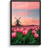 PosterMonkey Poster in lijst - Fotolijst 60x90 cm - Posters - Tulpen - Molen - Nederland - Posterlijst zwart - Decoratie - Wanddecoratie woonkamer - Muurdecoratie slaapkamer