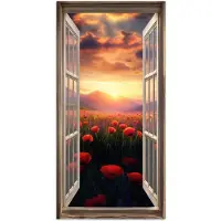 PosterMonkey Poster 80x160 cm - Doorkijk - Klaprozen - Bloemen - Rood - Open raam - Posters - Kamer decoratie - Wanddecoratie woonkamer - Muurdecoratie slaapkamer