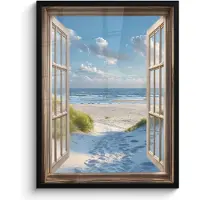 PosterMonkey Poster in lijst - Fotolijst 60x80 cm - Posters - Doorkijk - Strand - Raam - Duinen - Zee - Posterlijst zwart - Decoratie - Wanddecoratie woonkamer - Muurdecoratie slaapkamer