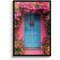 PosterMonkey Poster in lijst - Fotolijst 60x90 cm - Posters - Bloemen - Deur - Roze - Posterlijst zwart - Decoratie - Wanddecoratie woonkamer - Muurdecoratie slaapkamer