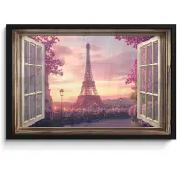 PosterMonkey Poster in lijst - Fotolijst 60x40 cm - Posters - Doorkijk - Parijs - Eiffeltoren - Roze - Kersenbloesem - Posterlijst zwart - Decoratie - Wanddecoratie woonkamer - Muurdecoratie slaapkamer