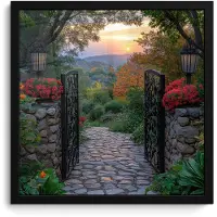 PosterMonkey Poster in lijst - Fotolijst 40x40 cm - Posters - Landschap - Hek - Pad - Zonsondergang - Natuur - Posterlijst zwart - Decoratie - Wanddecoratie woonkamer - Muurdecoratie slaapkamer