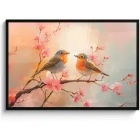 PosterMonkey Poster in lijst - Fotolijst 120x80 cm - Posters - Roodborstjes - Sierlijk - Bloesemtak - Posterlijst zwart - Decoratie - Wanddecoratie woonkamer - Muurdecoratie slaapkamer