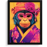 PosterMonkey Poster in lijst - Fotolijst 30x40 cm - Posters - Aap - Kimono - Bloemen - Hoofdtooi - Posterlijst zwart - Decoratie - Wanddecoratie woonkamer - Muurdecoratie slaapkamer
