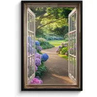 PosterMonkey Poster in lijst - Fotolijst 60x90 cm - Posters - Doorkijk - Tuin - Raam - Hortensia - Bloemen - Posterlijst zwart - Decoratie - Wanddecoratie woonkamer - Muurdecoratie slaapkamer