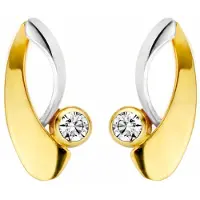 MORI Gold 14krt geel-/witgouden oorstekers met 0,03crt diamant, subtiele fantasie oorstekers met een moderne uitstraling, model 41-KN-305-0.03crt
