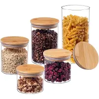 Kadax Glazen container met bamboedeksel, vaatwasmachinebestendige voorraadpotten, luchtdichte voorraaddozen, opbergglas, opbergdoos voor spaghetti, meel, muesli of koffie (set van 5)