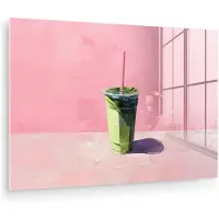 MuchoWow Glasschilderij 180x120 cm - Schilderij acrylglas - Beker - Rietje - Minimalistisch - Groen - Foto op glas - Muurdecoratie woonkamer - Wanddecoratie slaapkamer - Schilderijen
