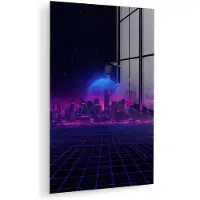 MuchoWow Glasschilderij 120x180 cm - Schilderij acrylglas - Skyline - Zon - Neon - Rasterpatroon - Foto op glas - Muurdecoratie woonkamer - Wanddecoratie slaapkamer - Schilderijen