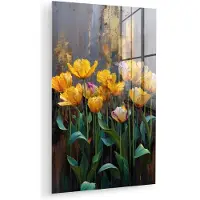 MuchoWow Glasschilderij 120x180 cm - Schilderij acrylglas - Tulpen - Geel - Penseelstreken - Abstract - Foto op glas - Muurdecoratie woonkamer - Wanddecoratie slaapkamer - Schilderijen