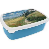 MuchoWow Broodtrommel Blauw - Lunchbox Zandpad - Huis - Bomen - Grasveld - Brooddoos 18x12x6 cm - Brood lunch box - Broodtrommels voor kinderen en volwassenen