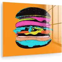 MuchoWow Glasschilderij 160x120 cm - Schilderij acrylglas - Hamburger - Kleurrijk - Speels - Foto op glas - Muurdecoratie woonkamer - Wanddecoratie slaapkamer - Schilderijen
