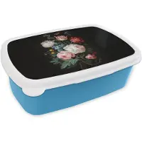 MuchoWow Broodtrommel Blauw - Lunchbox Boeket - Kleurrijk - Klassiek - Brooddoos 18x12x6 cm - Brood lunch box - Broodtrommels voor kinderen en volwassenen