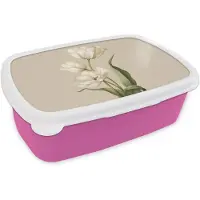 MuchoWow Broodtrommel Roze - Lunchbox Tulpen - Wit - Bladeren - Brooddoos 18x12x6 cm - Brood lunch box - Broodtrommels voor kinderen en volwassenen