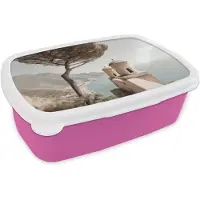 MuchoWow Broodtrommel Roze - Lunchbox Kust - Klif - Boom - Gebouw - Brooddoos 18x12x6 cm - Brood lunch box - Broodtrommels voor kinderen en volwassenen