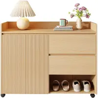 Merax Schoenenkast met Lade en Open Vakken - Verplaatsbare Schoenenkast met Wieltjes en Rem - Verstelbare Planken en Soft-Close Scharnieren - MDF Houtlook 110×35×86 cm