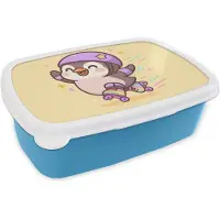 MuchoWow Broodtrommel Blauw - Lunchbox Pinguïn - Rolschaatsen - Geel - Energiek - Brooddoos 18x12x6 cm - Brood lunch box - Broodtrommels voor kinderen en volwassenen