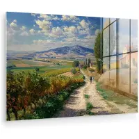 MuchoWow Glasschilderij 180x120 cm - Schilderij acrylglas - Mensen - Wandelen - Zandpad - Velden - Foto op glas - Muurdecoratie woonkamer - Wanddecoratie slaapkamer - Schilderijen