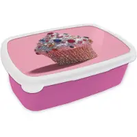 MuchoWow Broodtrommel Roze - Lunchbox Cupcake - Kleurrijk - Edelstenen - Brooddoos 18x12x6 cm - Brood lunch box - Broodtrommels voor kinderen en volwassenen