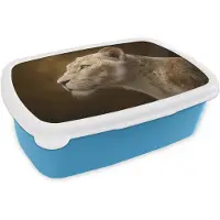 MuchoWow Broodtrommel Blauw - Lunchbox Leeuwin - Bloemen - Wit - Goud - Brooddoos 18x12x6 cm - Brood lunch box - Broodtrommels voor kinderen en volwassenen