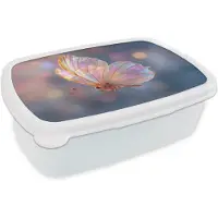 MuchoWow Broodtrommel Wit - Lunchbox Vlinder - Vleugels - Pastel - Glinstering - Brooddoos 18x12x6 cm - Brood lunch box - Broodtrommels voor kinderen en volwassenen