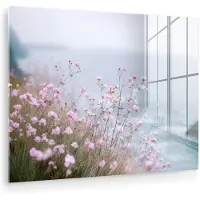 MuchoWow Glasschilderij 160x120 cm - Schilderij acrylglas - Klif - Bloemen - Zee - Roze - Foto op glas - Muurdecoratie woonkamer - Wanddecoratie slaapkamer - Schilderijen