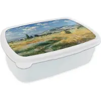 MuchoWow Broodtrommel Wit - Lunchbox Landschap - Strobalen - Bergen - Wolken - Brooddoos 18x12x6 cm - Brood lunch box - Broodtrommels voor kinderen en volwassenen