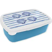 MuchoWow Broodtrommel Blauw - Lunchbox Vier schelpen - Blauw - Wit - Strepen - Brooddoos 18x12x6 cm - Brood lunch box - Broodtrommels voor kinderen en volwassenen