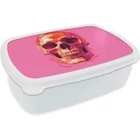 MuchoWow Broodtrommel Wit - Lunchbox Felroze - Tanden - Schedel - Brooddoos 18x12x6 cm - Brood lunch box - Broodtrommels voor kinderen en volwassenen