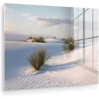 MuchoWow Glasschilderij 160x120 cm - Schilderij acrylglas - Duinen - Gras - Wolken - Beige - Foto op glas - Muurdecoratie woonkamer - Wanddecoratie slaapkamer - Schilderijen