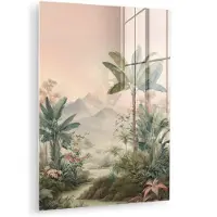 MuchoWow Glasschilderij 120x160 cm - Schilderij acrylglas - Tropisch landschap - palmbomen - Bloemen - Roze lucht - Foto op glas - Muurdecoratie woonkamer - Wanddecoratie slaapkamer - Schilderijen