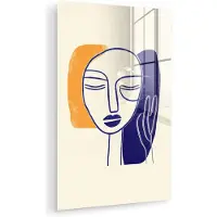 MuchoWow Glasschilderij 120x180 cm - Schilderij acrylglas - Minimalistisch - Gezicht - Hand - Oranje - Blauw - Foto op glas - Muurdecoratie woonkamer - Wanddecoratie slaapkamer - Schilderijen