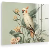 MuchoWow Glasschilderij 160x120 cm - Schilderij acrylglas - Gele kuifkaketoe - paradijsvogelbloemen - Groen - Foto op glas - Muurdecoratie woonkamer - Wanddecoratie slaapkamer - Schilderijen