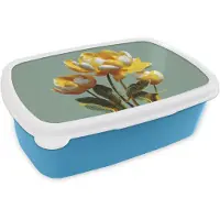 MuchoWow Broodtrommel Blauw - Lunchbox Bloemen - Geel - Bladeren - Structuur - Brooddoos 18x12x6 cm - Brood lunch box - Broodtrommels voor kinderen en volwassenen