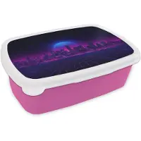 MuchoWow Broodtrommel Roze - Lunchbox Skyline - Zon - Neon - Rasterpatroon - Brooddoos 18x12x6 cm - Brood lunch box - Broodtrommels voor kinderen en volwassenen