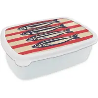 MuchoWow Broodtrommel Wit - Lunchbox Sardines - Rood en beige strepen - Brooddoos 18x12x6 cm - Brood lunch box - Broodtrommels voor kinderen en volwassenen