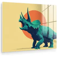 MuchoWow Glasschilderij 160x120 cm - Schilderij acrylglas - Triceratops - Cirkel - Oranje - Hoorns - Foto op glas - Muurdecoratie woonkamer - Wanddecoratie slaapkamer - Schilderijen