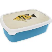 MuchoWow Broodtrommel Blauw - Lunchbox Geel - Vis - Strepen - Tropisch - Brooddoos 18x12x6 cm - Brood lunch box - Broodtrommels voor kinderen en volwassenen