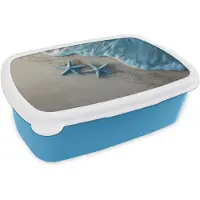 MuchoWow Broodtrommel Blauw - Lunchbox Zeesterren - Zand - Zee - Blauw - Brooddoos 18x12x6 cm - Brood lunch box - Broodtrommels voor kinderen en volwassenen