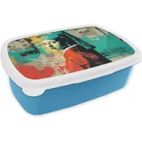 MuchoWow Broodtrommel Blauw - Lunchbox Klassiek - Pareloorbel - Streetartstijl - Kleurrijk - Brooddoos 18x12x6 cm - Brood lunch box - Broodtrommels voor kinderen en volwassenen