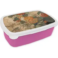 MuchoWow Broodtrommel Roze - Lunchbox Kat - Sierlijk - Bloemen - Brooddoos 18x12x6 cm - Brood lunch box - Broodtrommels voor kinderen en volwassenen