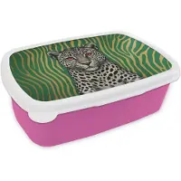 MuchoWow Broodtrommel Roze - Lunchbox Panter - Zebrapatroon - Groen - Brooddoos 18x12x6 cm - Brood lunch box - Broodtrommels voor kinderen en volwassenen