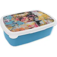 MuchoWow Broodtrommel Blauw - Lunchbox Zonnebril - Vrouw - Kleurrijk - Verfspetters - Brooddoos 18x12x6 cm - Brood lunch box - Broodtrommels voor kinderen en volwassenen